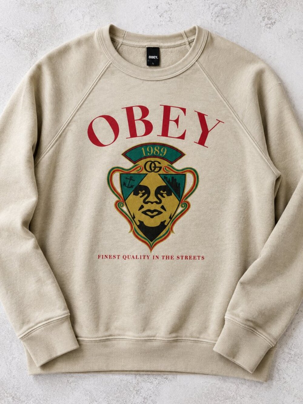 OBEY 1989 Crest Graphic Crewneck Sweatshirt Men’s L Beige Streetwear